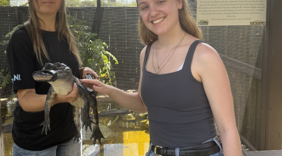 Julia, la fille au pair, caresse un vrai crocodile